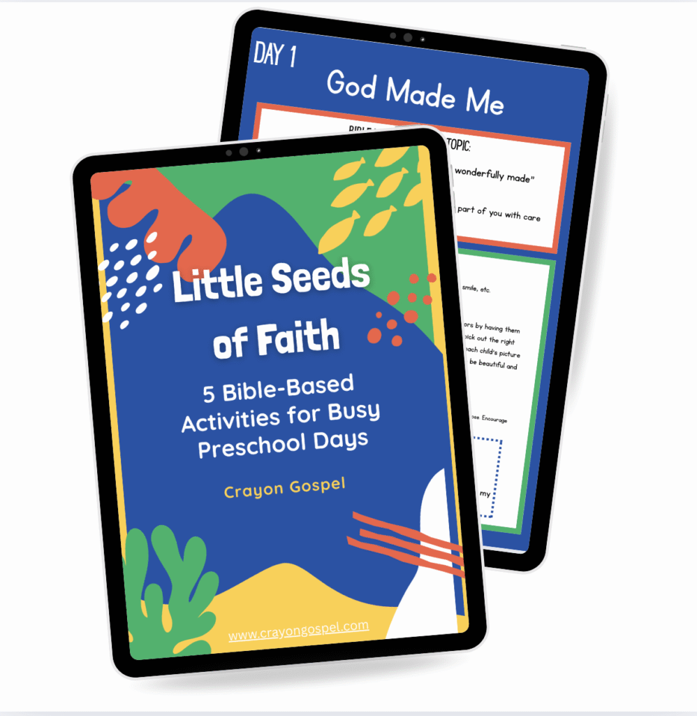 graphic showing the Little Seeds of Faith ebook for preschool bible lesson plans